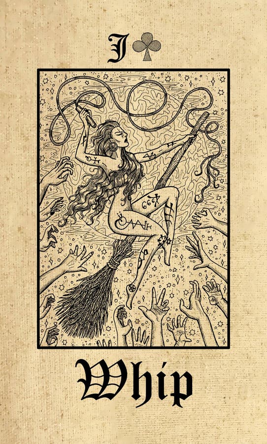 Whip. Tarot card from Lenormand Gothic Mysteries oracle deck. Graphic engraved illustration. Fantasy and mystic line art drawing. Gothic, occult and esoteric background. Whip. Tarot card from Lenormand Gothic Mysteries oracle deck. Graphic engraved illustration. Fantasy and mystic line art drawing. Gothic, occult and esoteric background