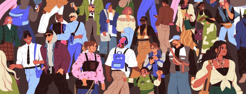 Crowd of diverse young men and women in stylish clothes. Different groups of happy people walk at city center. Various fashion girls, boys. Society, urban lifestyle. Flat vector illustration. Crowd of diverse young men and women in stylish clothes. Different groups of happy people walk at city center. Various fashion girls, boys. Society, urban lifestyle. Flat vector illustration.