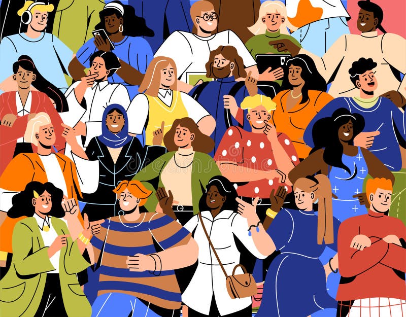 Crowd of people. Men and women of different nationalities, cultures and ethnic groups stand side by side. Equality and tolerance, international communication. Cartoon flat vector illustration. Crowd of people. Men and women of different nationalities, cultures and ethnic groups stand side by side. Equality and tolerance, international communication. Cartoon flat vector illustration