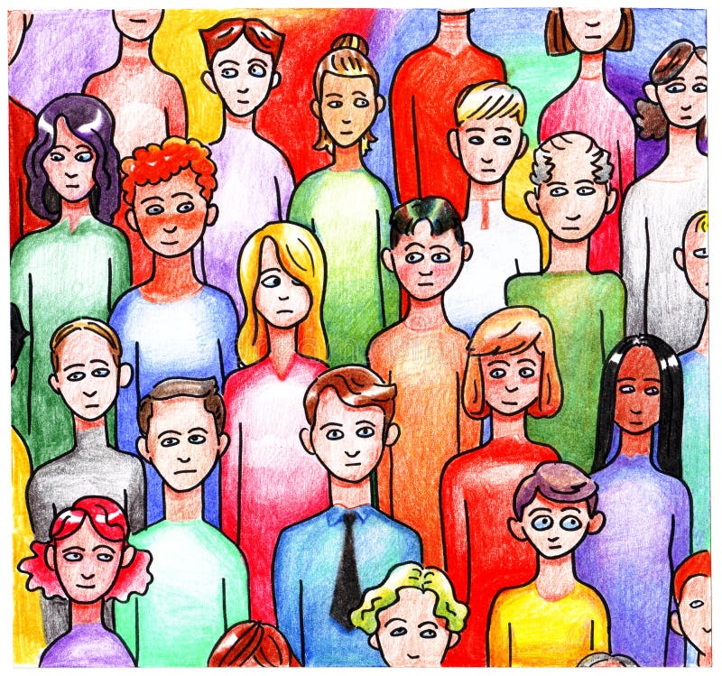 Foule tirée par la main de dessin coloré lumineux multicolore d'une foule de divers hommes de personnes et femmes de différentes illustration stock Foule tirée par la main de dessin coloré lumineux multicolore d'une foule de divers hommes de personnes et femmes de différentes illustration stock