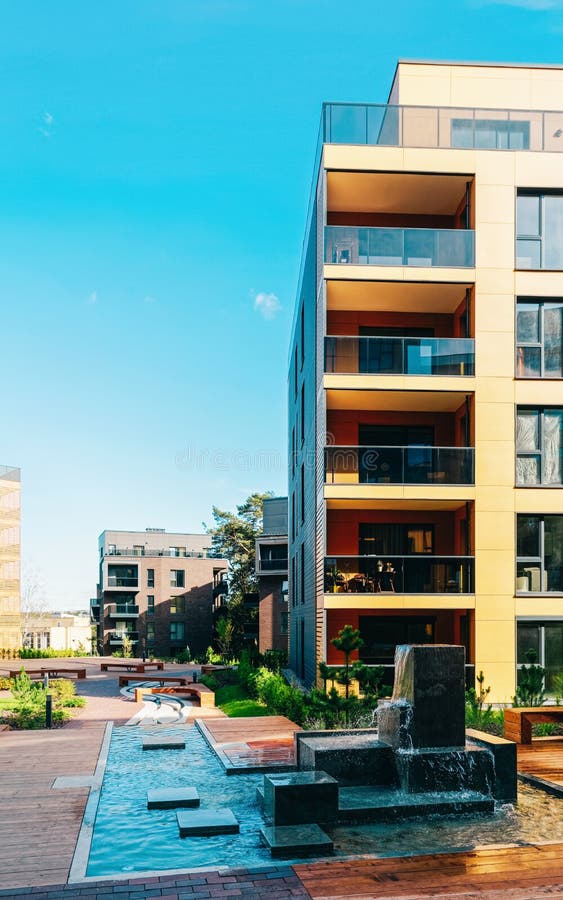 Fountain at Complex of Apartment Buildings Stock Image Image of