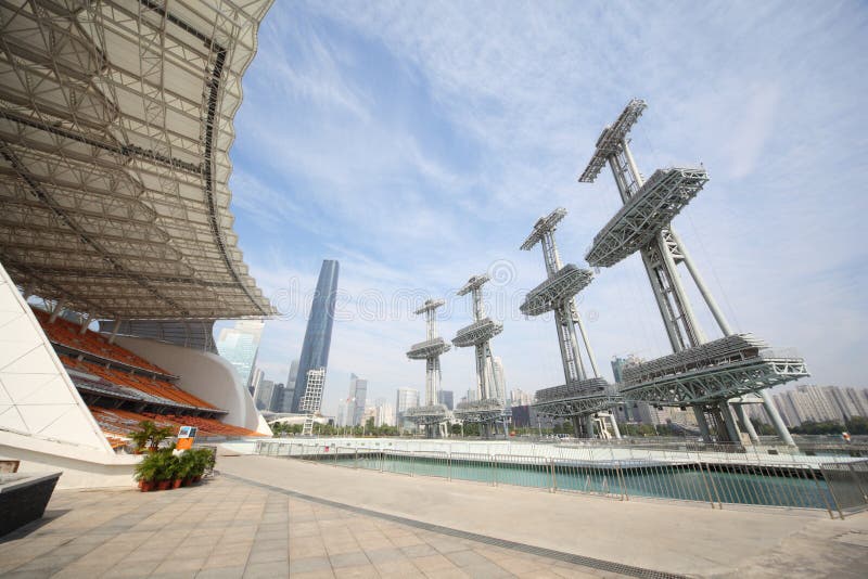 Fountain on island Haixinsha, International Finance Center in Guangzhou, China