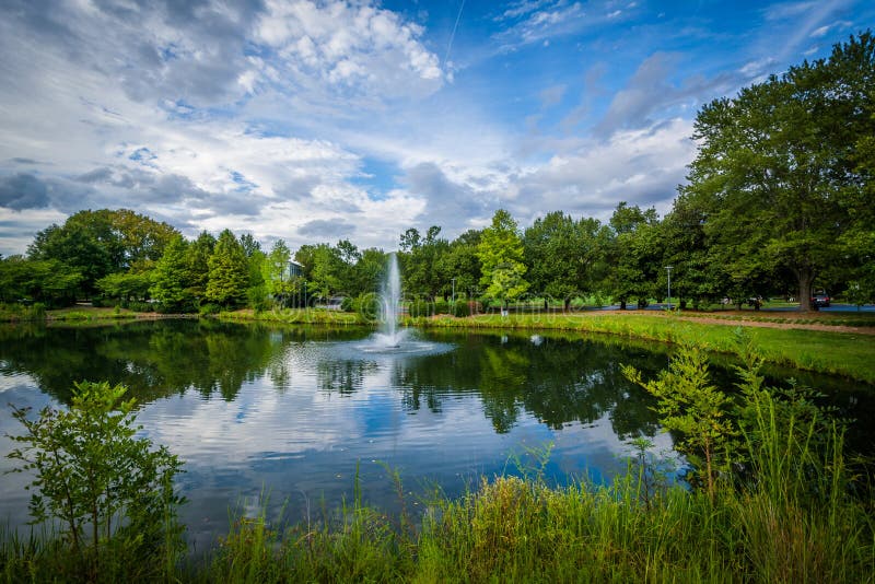Fountain and Lake at Symphony Park, in Charlotte, North Carolina Stock