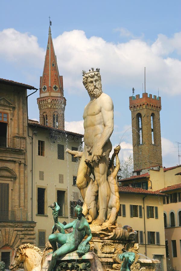 Vertical oriented image of famous Fountain of Neptune in Florence, Italy.