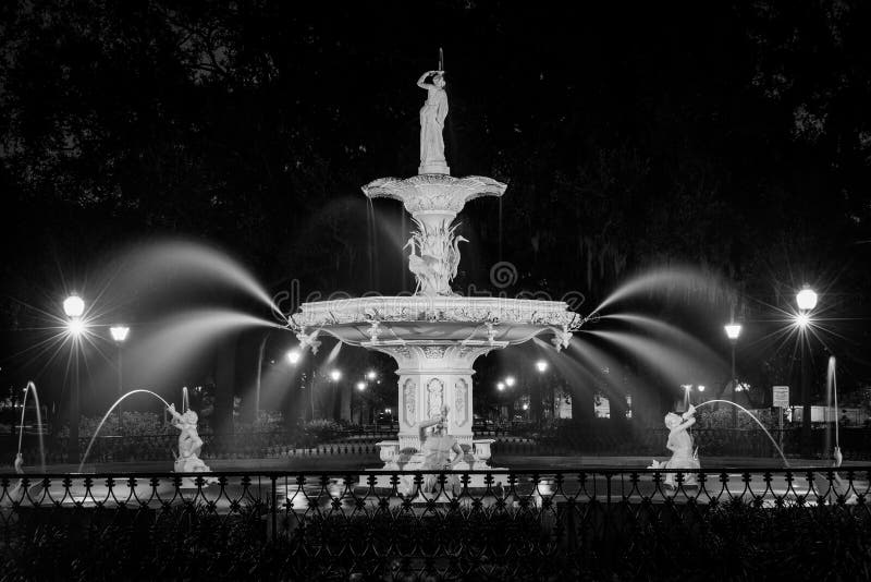 Fountain at Night, at Forsyth Park, in Savannah, Stock Image