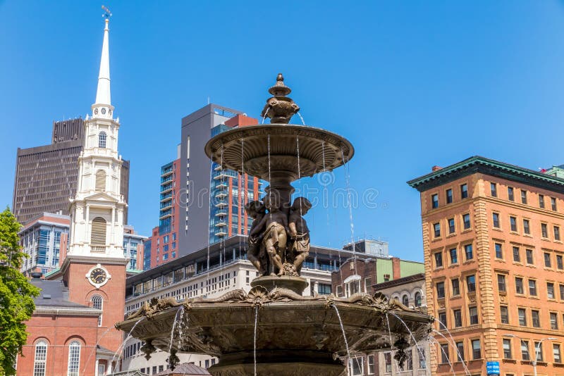 Fountain in Park Street with the Steeple of Old North Church