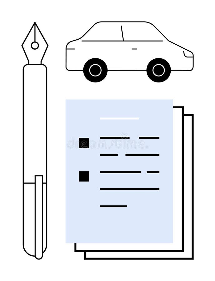 Fountain pen, compact car, and checklist stack symbolize vehicle ownership, legal documentation, and process efficiency. Ideal for insurance, leasing, compliance, administration agreements. Stack vehicle vectors