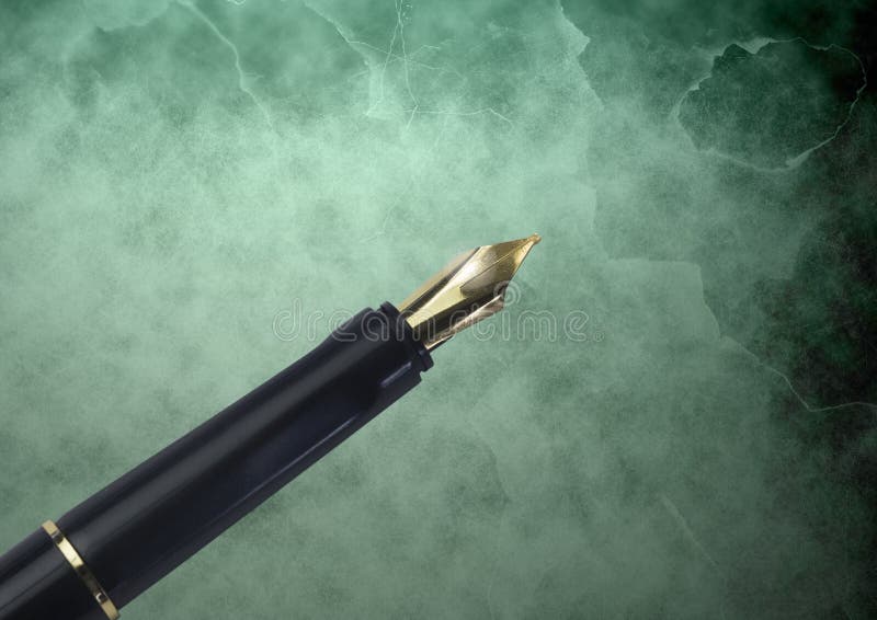 Fountain Pen Gold Tip Against Green Classic Background Stock Photo