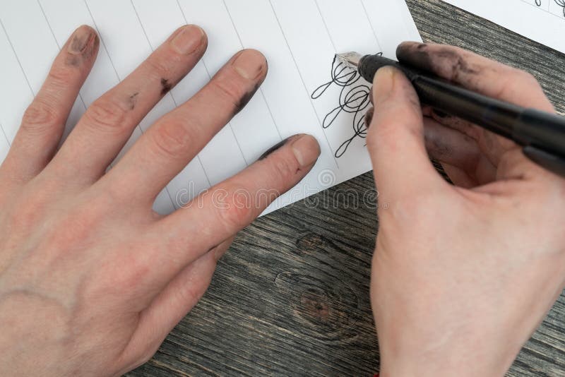 Fountain Pen in Inkstained Hands Stock Image Image of note, desk
