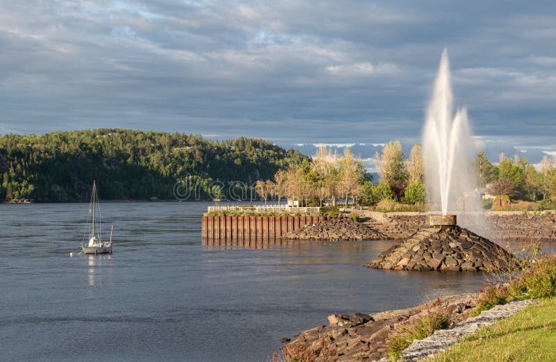 Fountain and pier at port lands of Chicoutimi Quebec on the Saguenay River