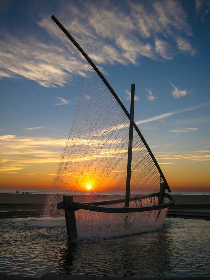 Fountain Sailboat at Sunrise, Valencia, Spain Stock Image Image of