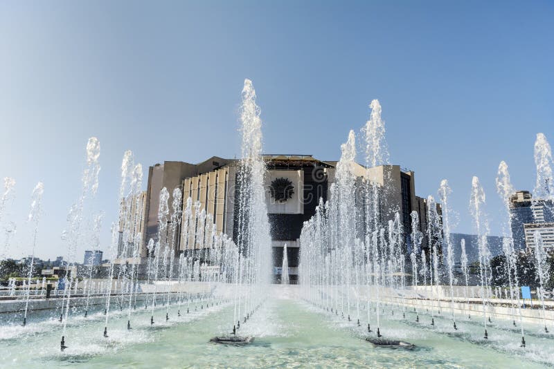 Fountains in front of the National Palace of Culture, Sofia, Bulgaria royalty free stock photos Fountains in front of the National Palace of Culture, Sofia, Bulgaria royalty free stock photos