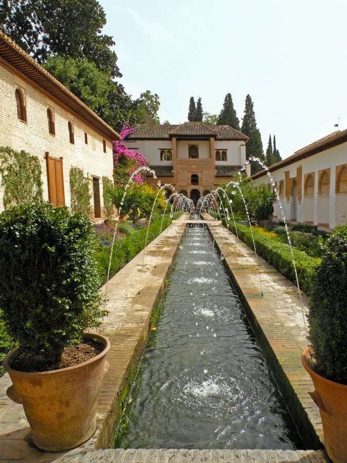 Fountains In The Gardens Of Alhambra In Granada, Spain Stock Photo