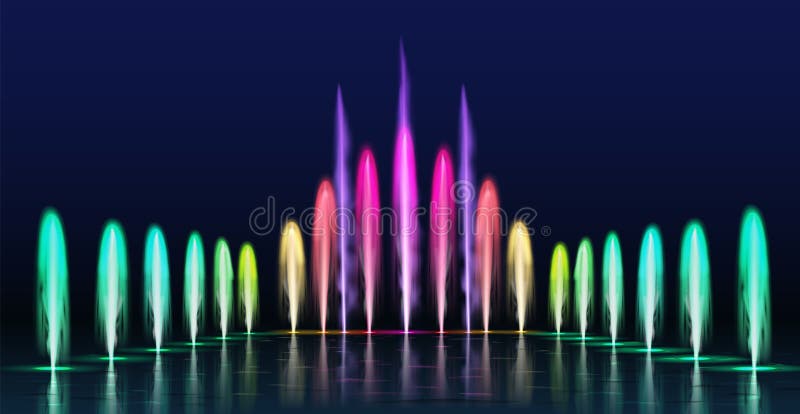 Fountains show. Realistic colored dancing water jets in night. Fountain cascade with lights for park decoration, 3d aqua sprays