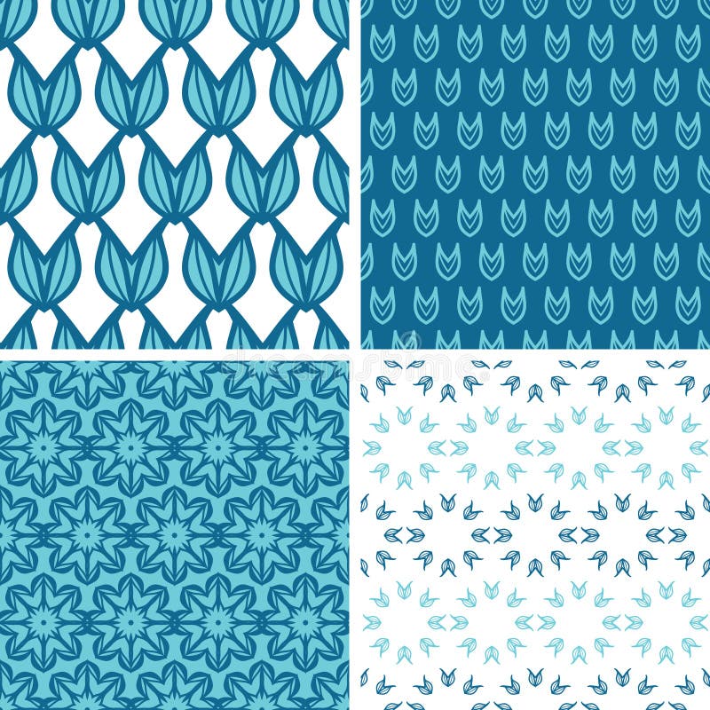 Four abstract blue tulip shapes seamless patterns royalty free illustration