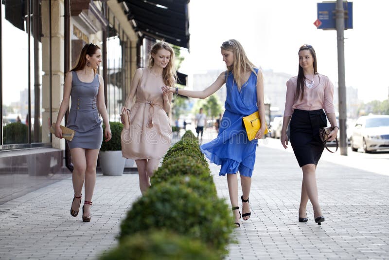 239 Four Beautiful Fashion Girls Walking Street Stock Photos - Free ...
