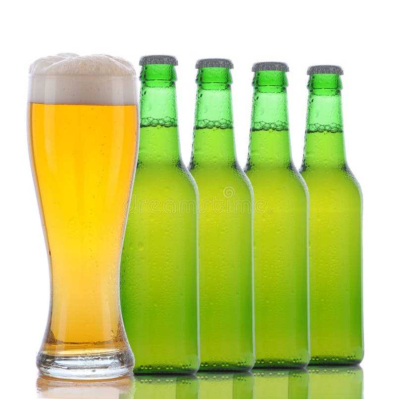 Four Beer Bottles and Full Glass stock photos