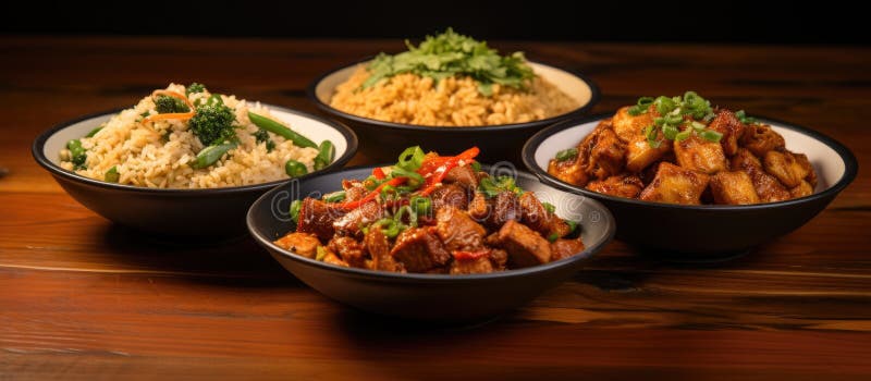 Four bowls of cuisine on a table with produce and tableware royalty free stock photos