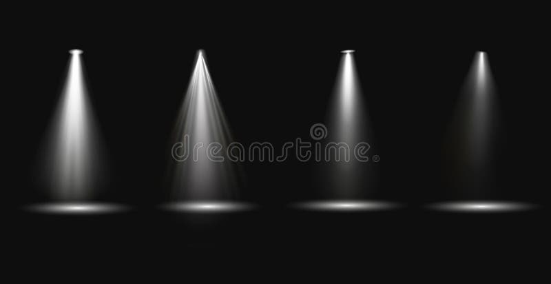 Four bright spotlights shine on a dark stage. Spotlights create dramatic lighting. Each spotlight casts a focused beam. Spotlights vector illustration