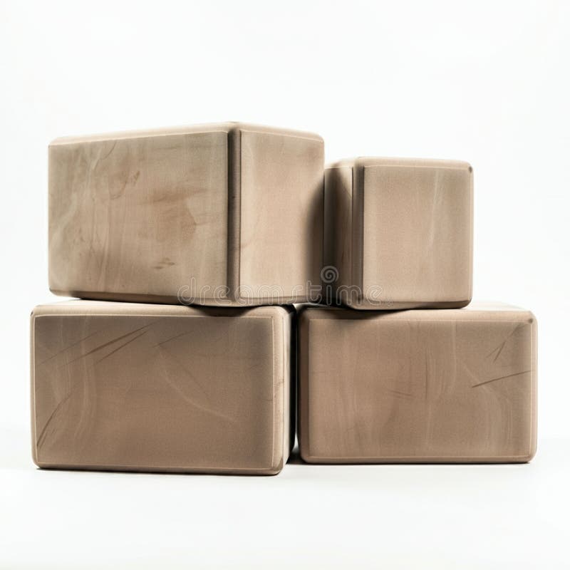 Four brown blocks stacked against a white background. They are foam-like and have a soft texture with visible surface patterns. Each block varies slightly in size, arranged in pairs with one set on top of the other, forming a compact, stable structure. The blocks have a matte finish with subtle shading and slight irregularities, suggesting a handmade or natural element. Suitable for designs needing abstract or minimalist visual elements.