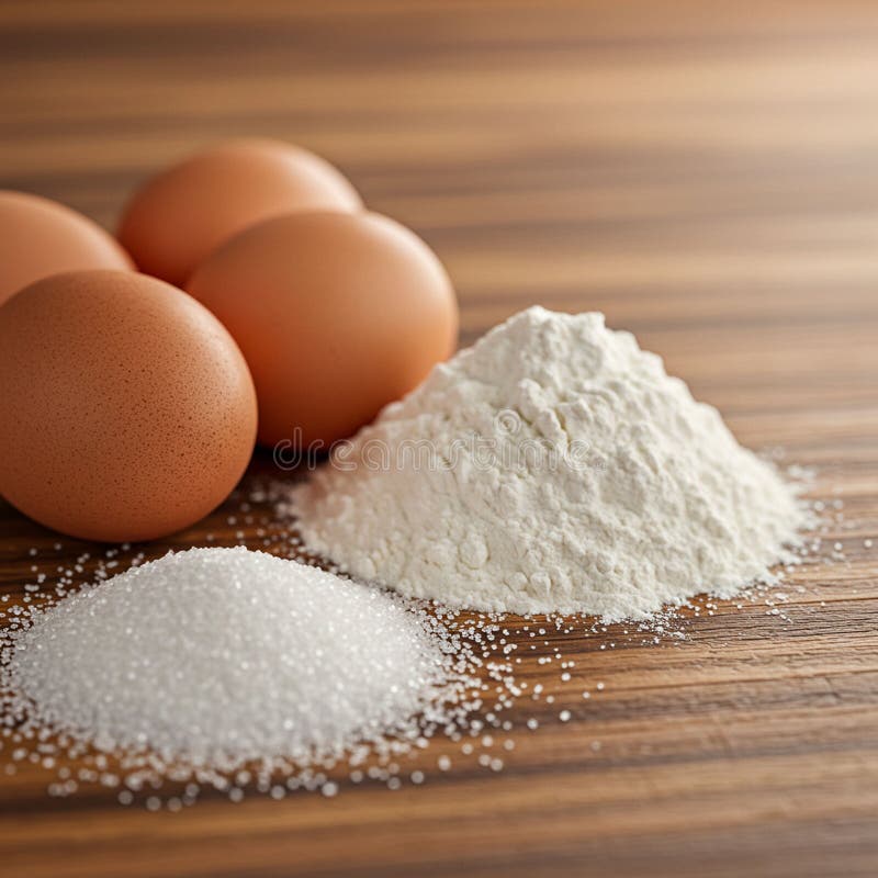 Four brown eggs are positioned on a wooden surface alongside a mound of white flour royalty free illustration