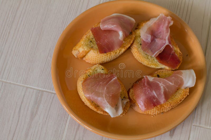 Four Bruschettas with Prosciutto Stock Photo Image of canape, dinner