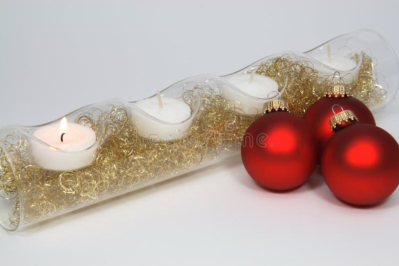 Four Candles Three Red Christmas Tree Balls Stock Photo Image of
