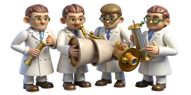 Four Cartoon Scientists with Antique Telescopes and Scientific Instruments vector illustration