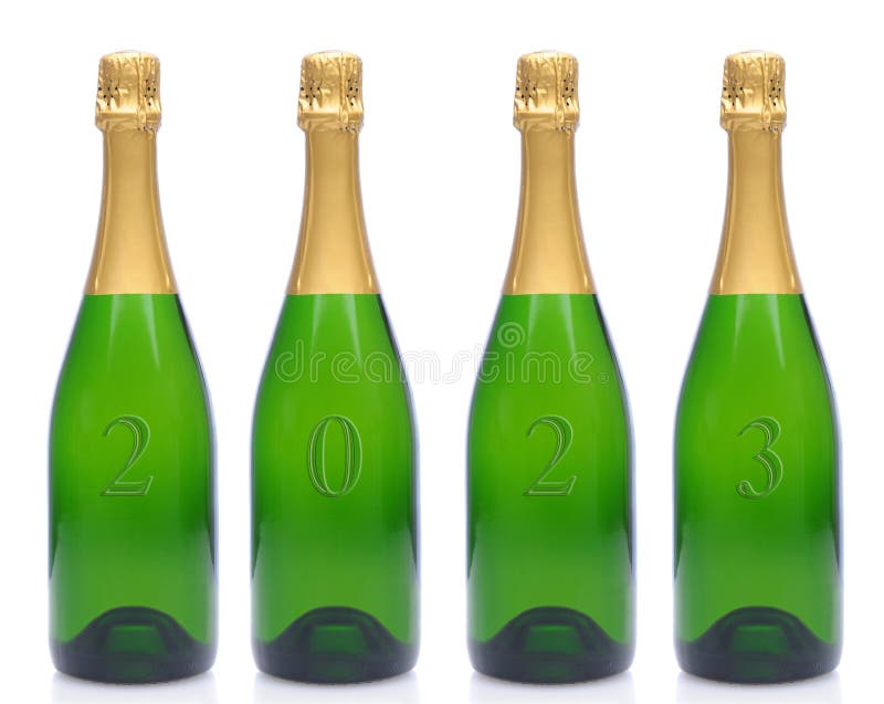 Four Champagne Bottles for New Years 2023 without Labels and 2023