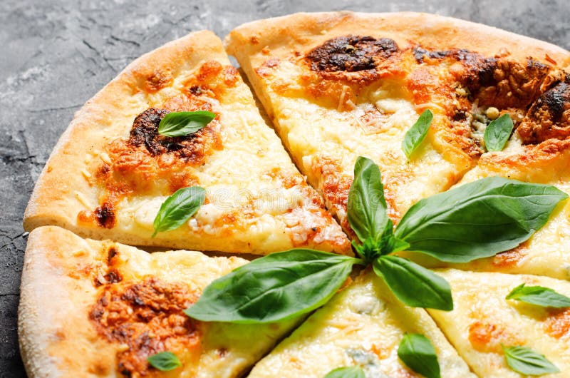 Four Cheese Pizza on Dark Background, Freshly Baked Pizza Stock Image