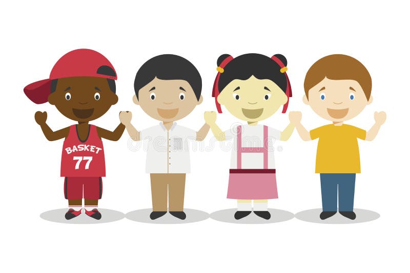Four children of different races holding hands and representing Globalization age cartoon characters. Vector Illustration. vector illustration Four children of different races holding hands and representing Globalization age cartoon characters. Vector Illustration. vector illustration