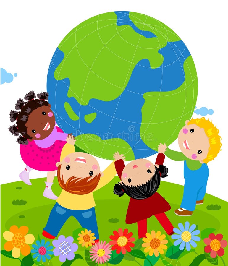 Four children holding the globe