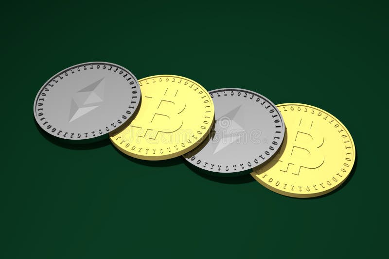 Four coins lying in a row, silver with the symbol of the Ethereum, Etherium and gold with the symbol of Bitcoin, 3d rendering. royalty free illustration