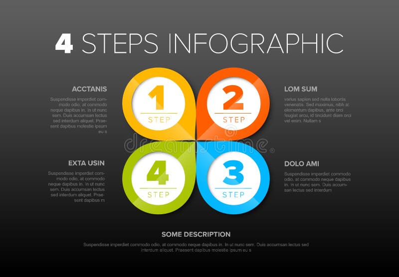 Four color circle pointers steps process infographic vector illustration