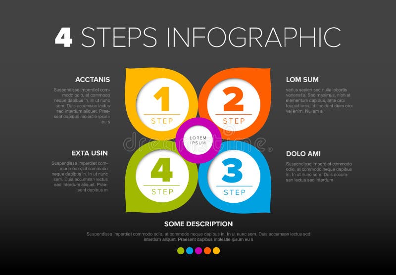 Four colorful circle pointers steps process infographic stock illustration