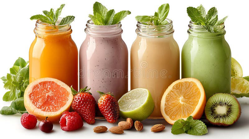 Four Colorful Fruit Smoothies in Glass Bottles with Fresh Fruit stock illustration