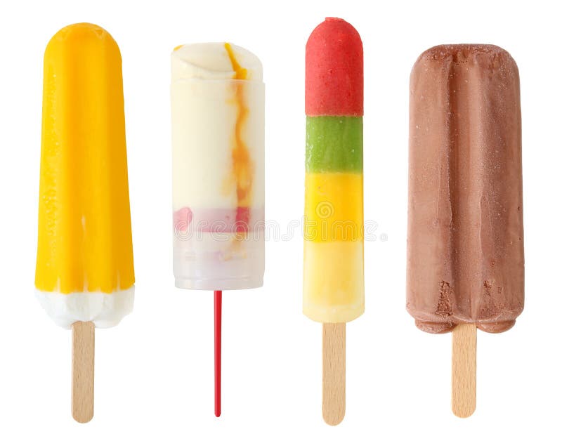 Štyri farebné popsicle izolované na bielom pozadí.