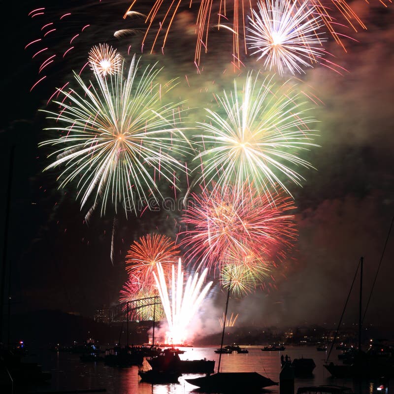 Colorful fireworks display in Sydney harbor night scene
