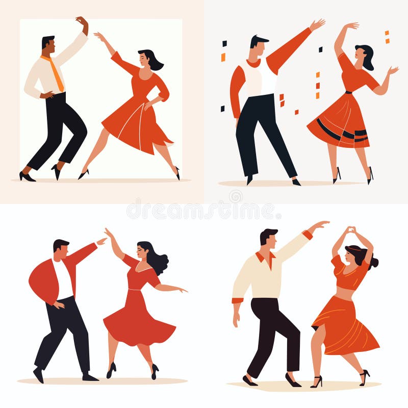 Four Couples in Different Poses Dancing Salsa or Tango. Men and Women ...