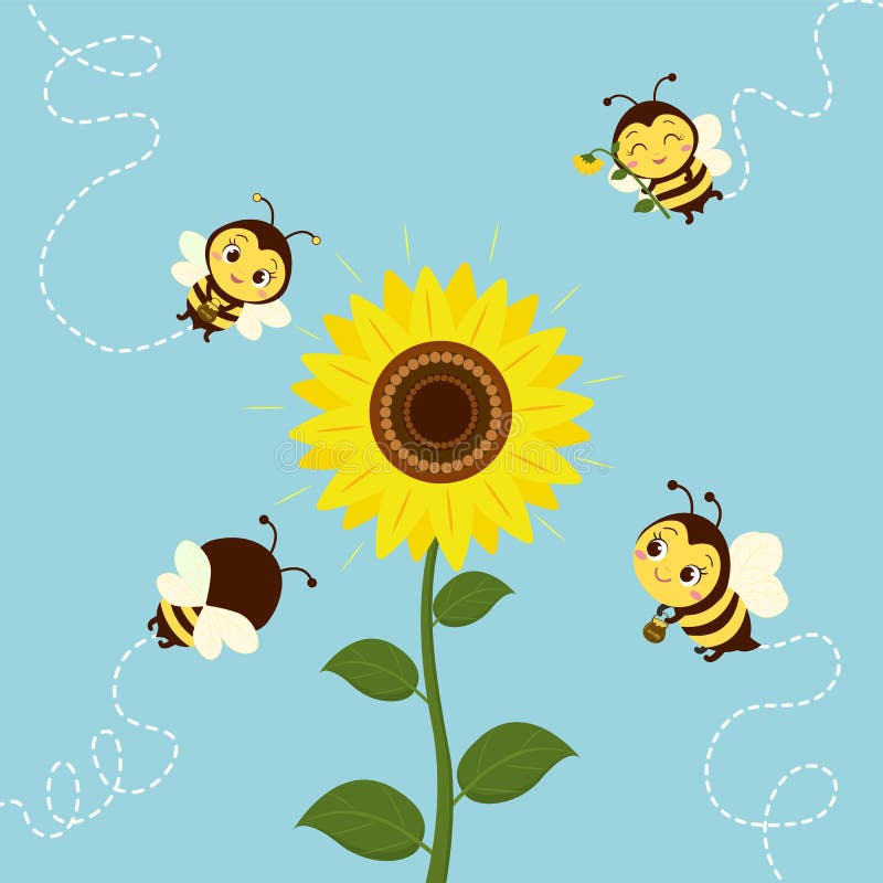 Four cute bees fly to the sunflower to collect nectar. Vector, cartoon style.