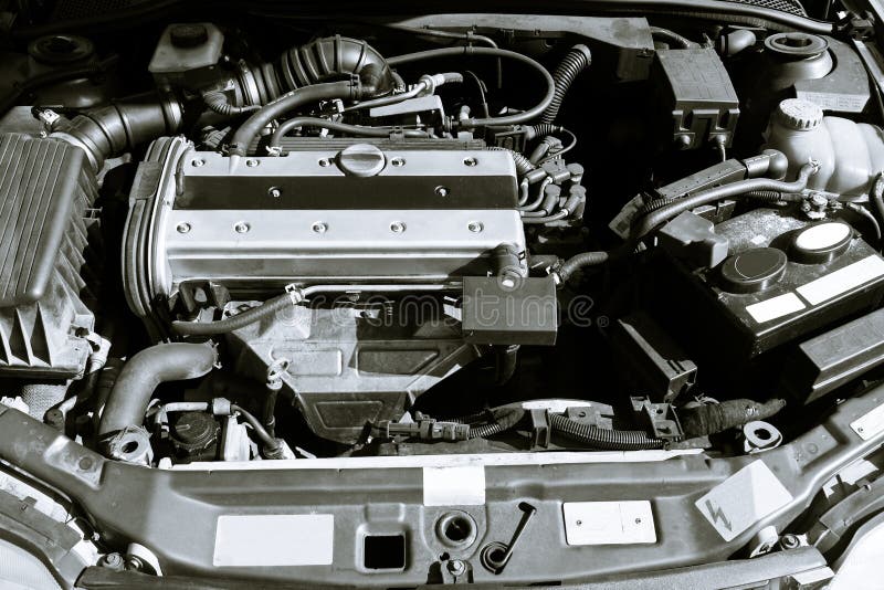 Four cylinder car engine stock photo. Image of monochrome 17632556