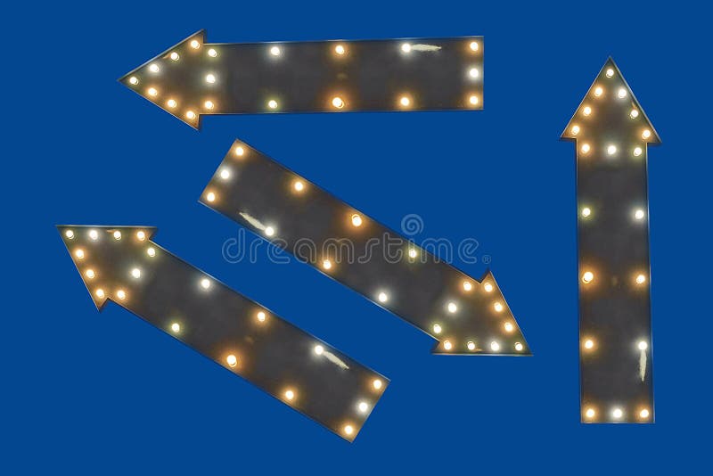 Four dark gray arrows with light bulbs on a blue background, pointers, horizontal, vertical, diagonal, blank, template