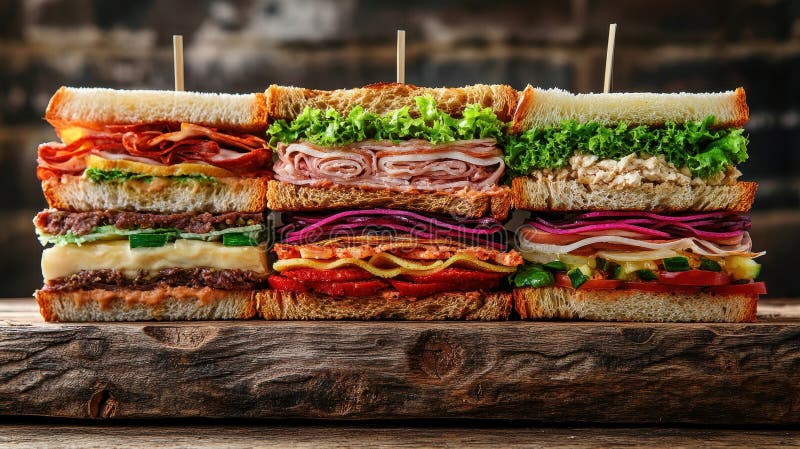 Four Delicious and Elaborate Sandwiches on Wooden Table stock illustration