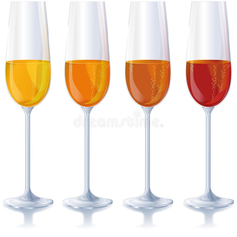 Four different colored sparkling wine glasses stock illustration
