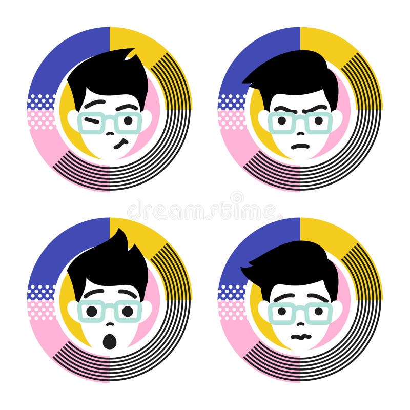 Four different emotions of young male character. Flat style vector illustration stock illustration Four different emotions of young male character. Flat style vector illustration stock illustration