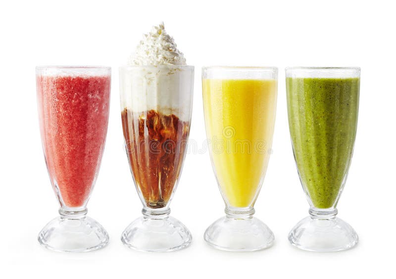 Four different fresh fruit juices on white background. Watermelon, Banana stock photo Four different fresh fruit juices on white background. Watermelon, Banana stock photo