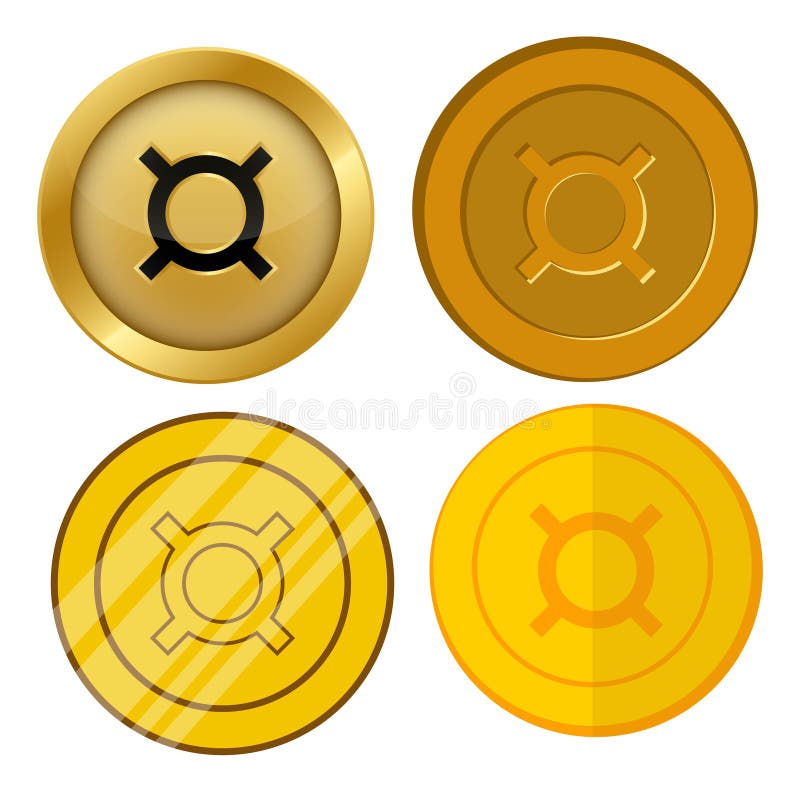 Four different style gold coin with generic currency symbol vector set royalty free illustration