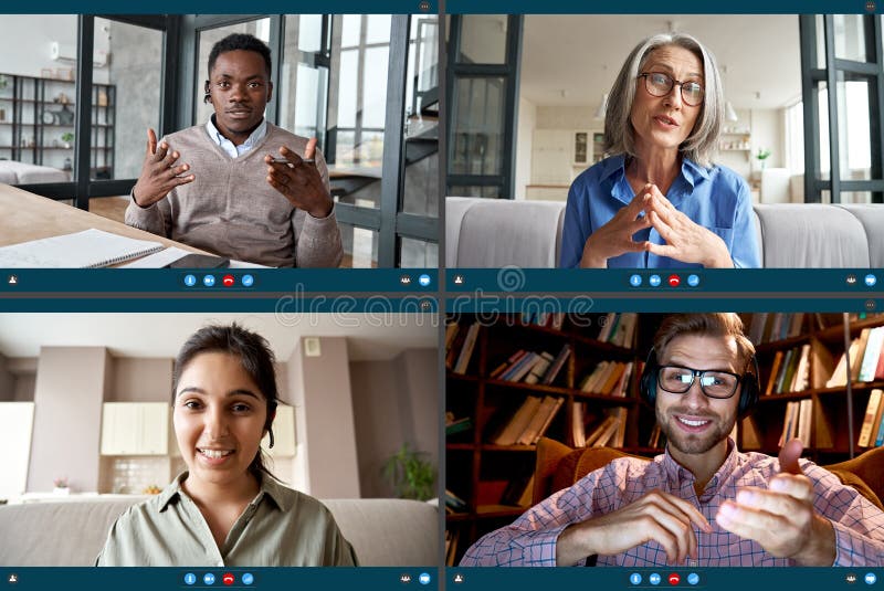 Four diverse people participate virtual team meeting on video conference call.