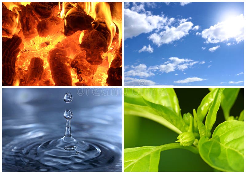 A composition of four shots representing the four elementes: air, water, ground and fire. A composition of four shots representing the four elementes: air, water, ground and fire