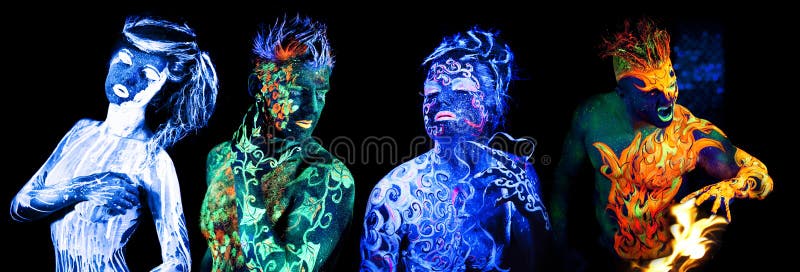 Four elements. Body art glowing in ultraviolet light